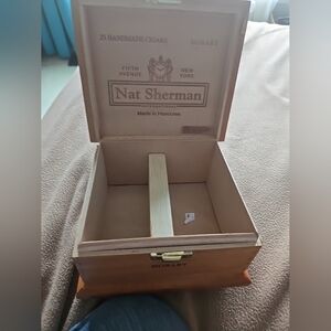Nat Sherman 5th Avenue NY Empty Wood Cigar Box Brass Clasp and Hinge Hyde